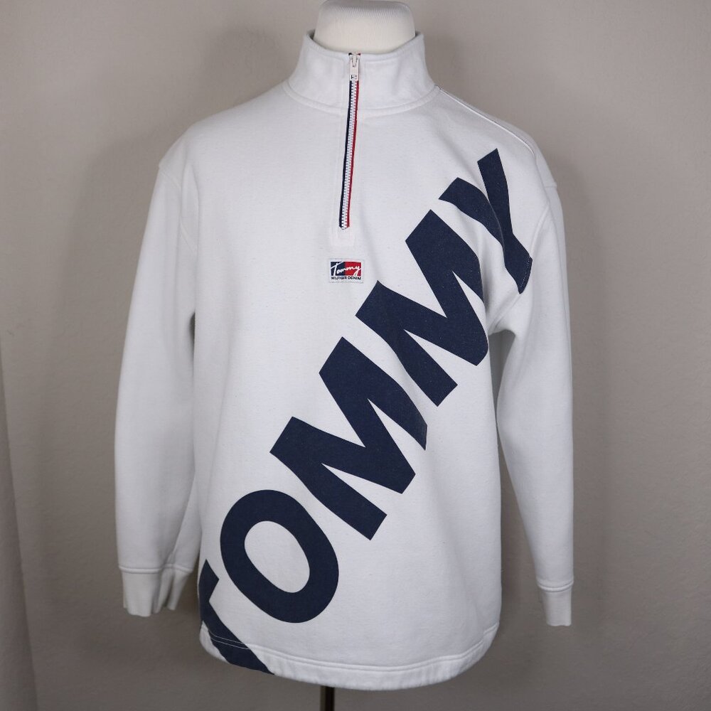 Tommy Hilfiger Long Sleeve Shirt * Large L * 1/4 Zip Front * Denim * Logo